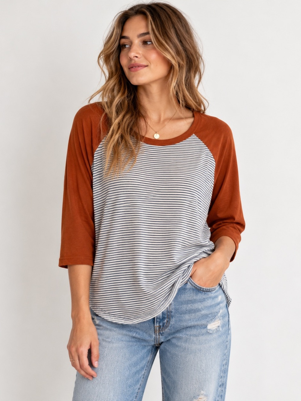 Bamboo Blend Striped Raglan Top Rust Sleeves Relaxed Fit